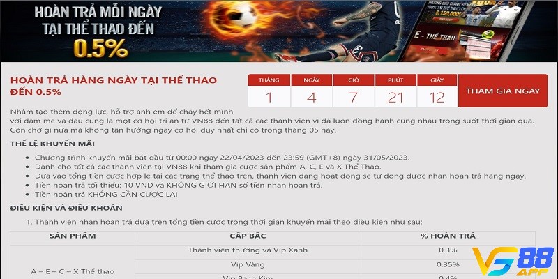 Hoàn trả thể thao lên đến 0.5%